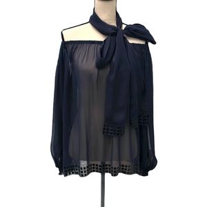 VIE TA VIE NAVY SALLY BLOUSE OFF-THE-SHOULDER SEMI SHEER TOP WITH SCARF/BELT